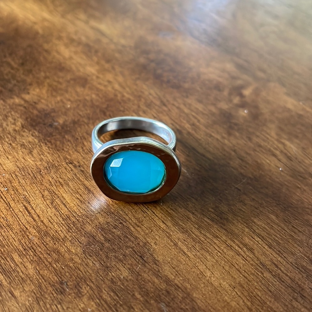 Bili artisan ring with blue stone, sterling silver and 14k gold - size 6.5
